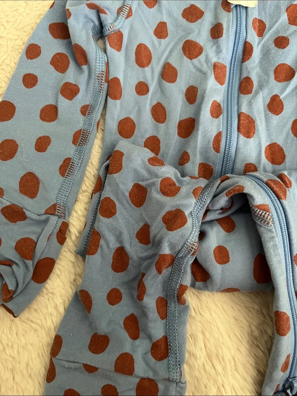 Hanna Andersson Light Blue Footed One-Piece with Brown Polka Dots